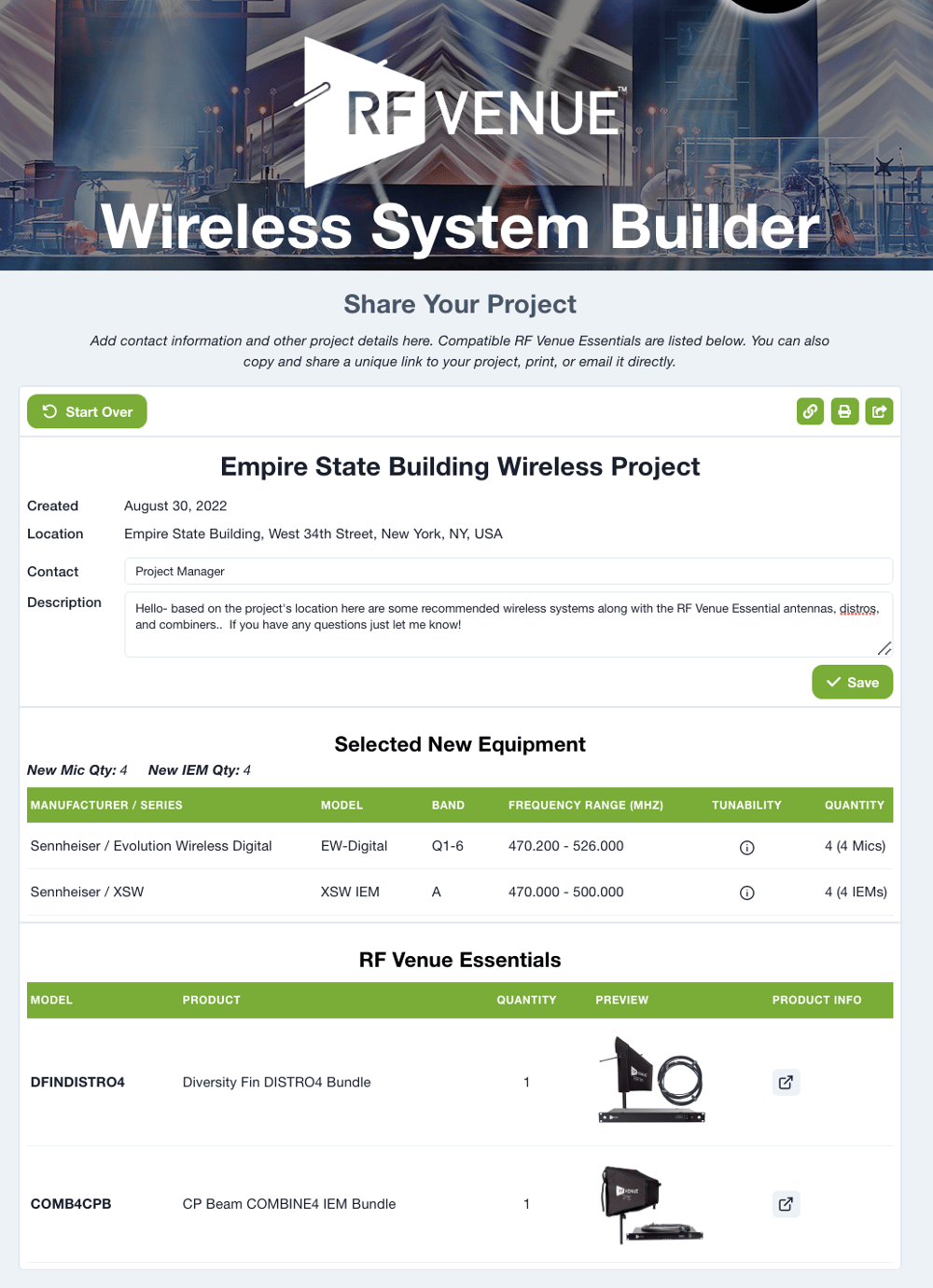 RF Venue Wireless System Builder Screenshot